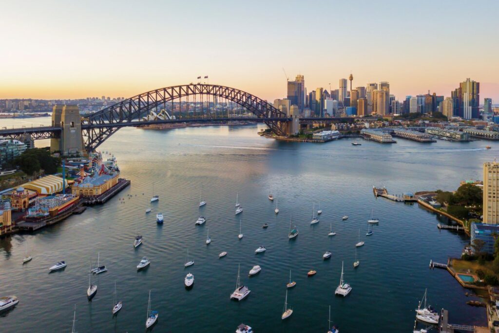 Sydney city skyline during sunrise.
